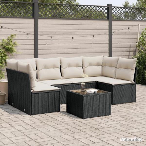 Salon de jardin 7 pcs avec coussins noir rsine tresse