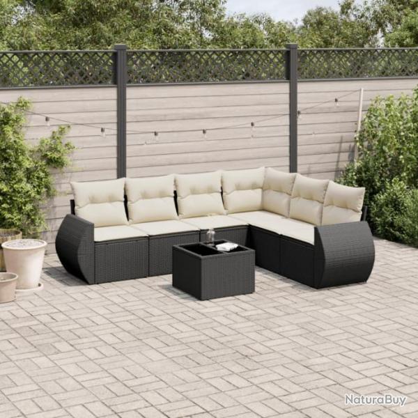 Salon de jardin 7 pcs avec coussins noir rsine tresse