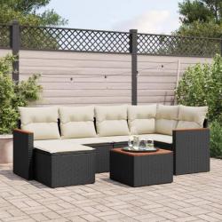 Salon de jardin 7 pcs avec coussins noir résine tressée