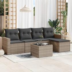 Salon de jardin 6 pcs avec coussins gris résine tressée