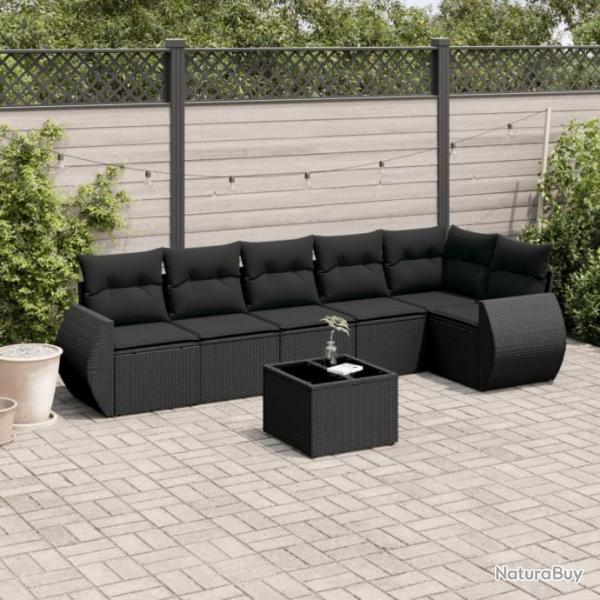 Salon de jardin 7 pcs avec coussins noir rsine tresse