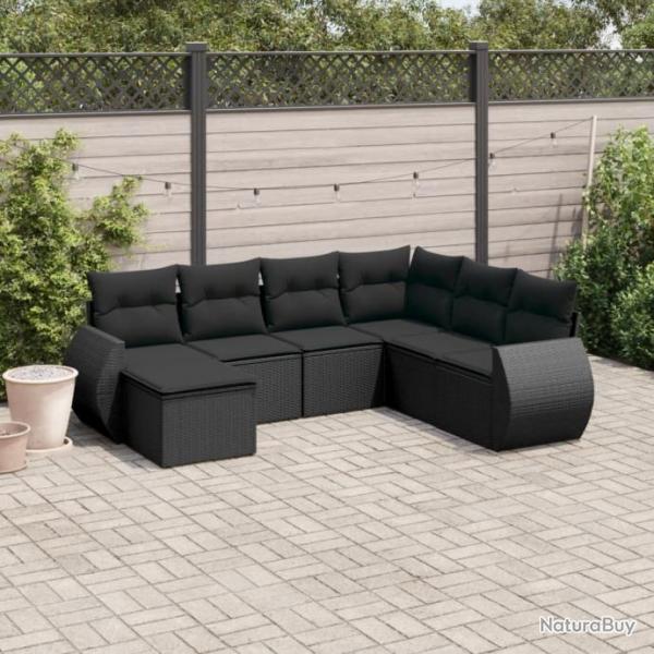 Salon de jardin 7 pcs avec coussins noir rsine tresse