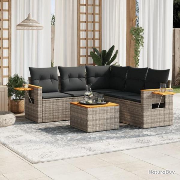 Salon de jardin 6 pcs avec coussins gris rsine tresse