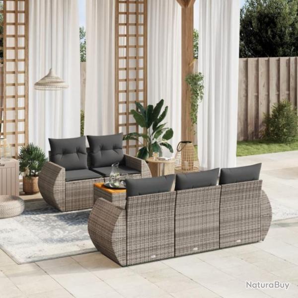 Salon de jardin 6 pcs avec coussins gris rsine tresse