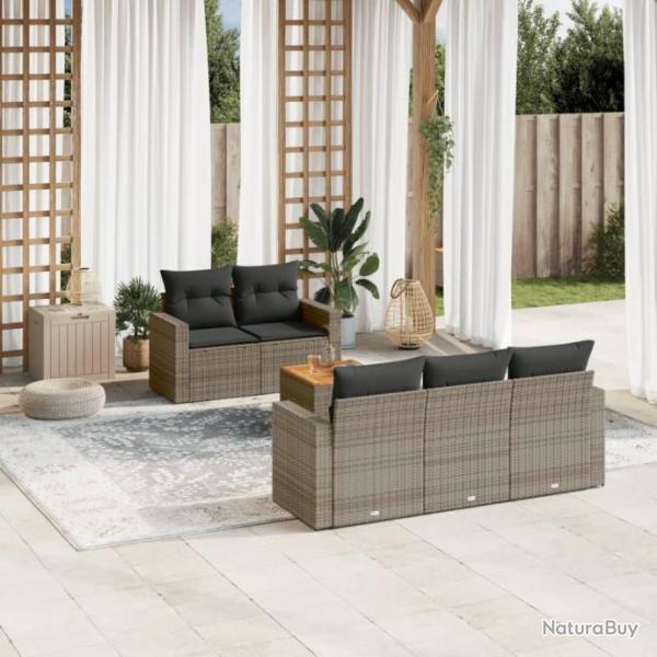 Salon de jardin 6 pcs avec coussins gris rsine tresse