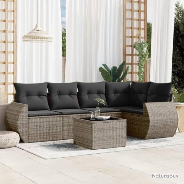 Salon de jardin 6 pcs avec coussins gris rsine tresse