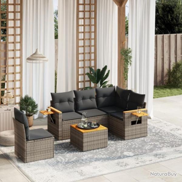 Salon de jardin 6 pcs avec coussins gris rsine tresse