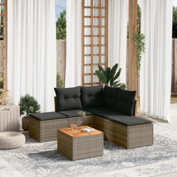 Salon de jardin 6 pcs avec coussins gris rsine tresse