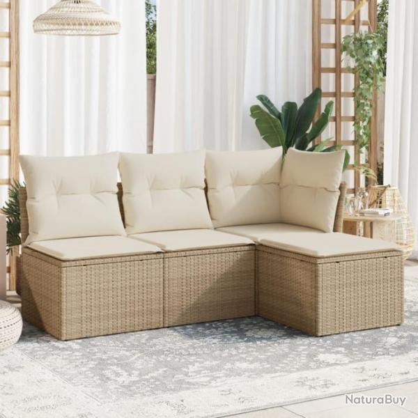 Salon de jardin avec coussins 4 pcs beige rsine tresse