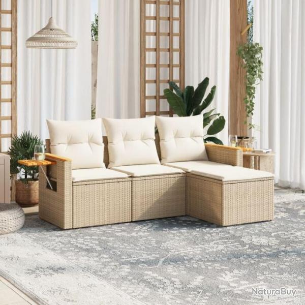 Salon de jardin avec coussins 4 pcs beige rsine tresse