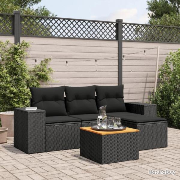 Salon de jardin 5 pcs avec coussins noir rsine tresse