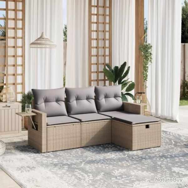 Salon de jardin avec coussins 4pcs mlange beige rsine tresse