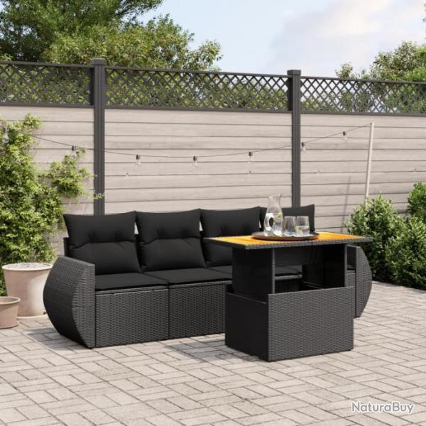 Salon de jardin 5 pcs avec coussins noir rsine tresse