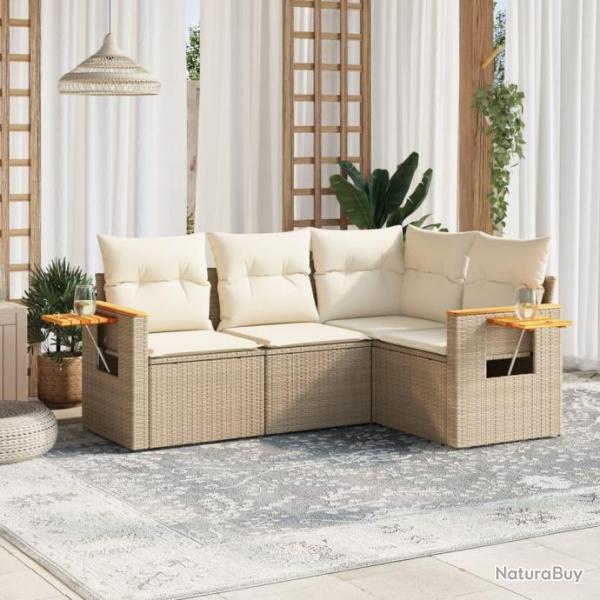 Salon de jardin avec coussins 4 pcs beige rsine tresse