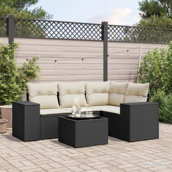 Salon de jardin 5 pcs avec coussins noir rsine tresse