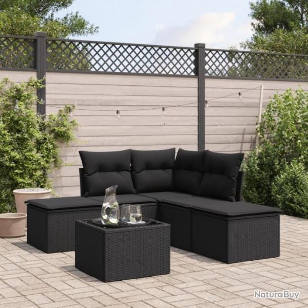 Salon de jardin 6 pcs avec coussins noir rsine tresse