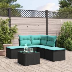 Salon de jardin 6 pcs avec coussins noir résine tressée