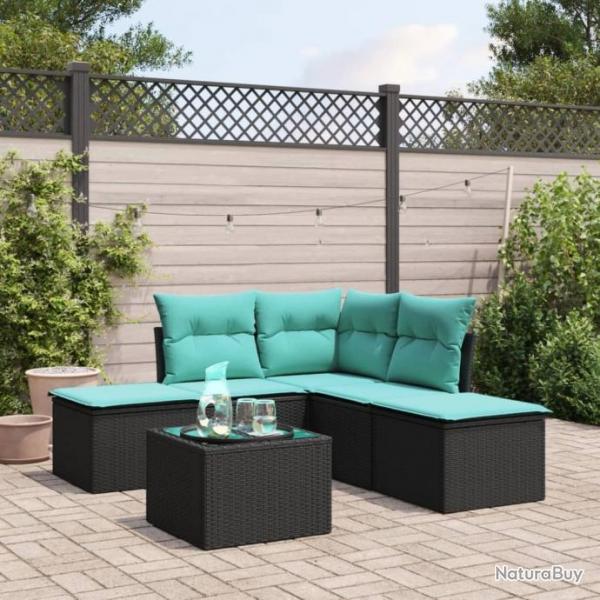 Salon de jardin 6 pcs avec coussins noir rsine tresse