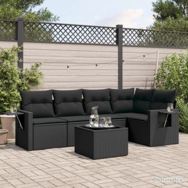 Salon de jardin 6 pcs avec coussins noir rsine tresse