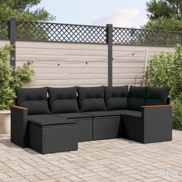 Salon de jardin 6 pcs avec coussins noir rsine tresse