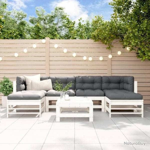 Salon de jardin 7 pcs Blanc Bois de pin massif