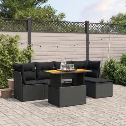 Salon de jardin 6 pcs avec coussins noir résine tressée