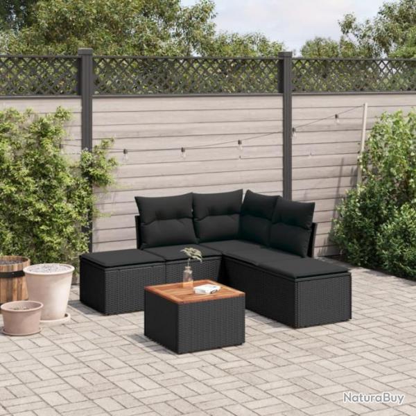 Salon de jardin 6 pcs avec coussins noir rsine tresse