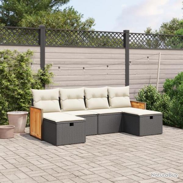 Salon de jardin 6 pcs avec coussins noir rsine tresse