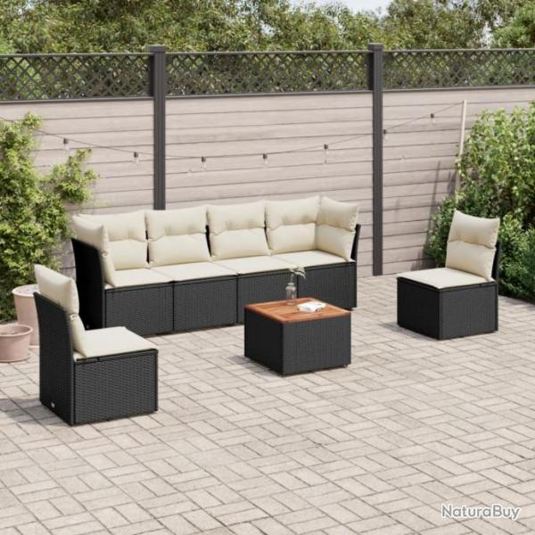 Salon de jardin 7 pcs avec coussins noir rsine tresse