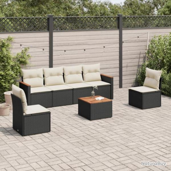 Salon de jardin 7 pcs avec coussins noir rsine tresse