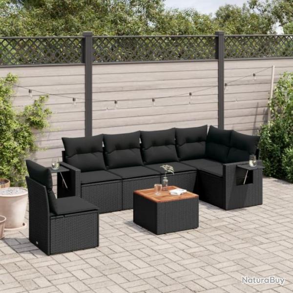 Salon de jardin 7 pcs avec coussins noir rsine tresse