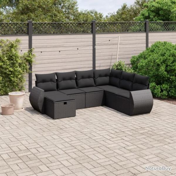 Salon de jardin 7 pcs avec coussins noir rsine tresse