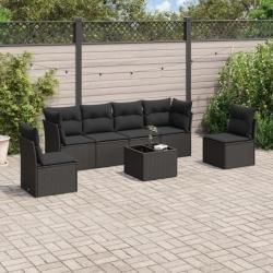 Salon de jardin 7 pcs avec coussins noir résine tressée