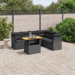 Salon de jardin 7 pcs avec coussins noir résine tressée