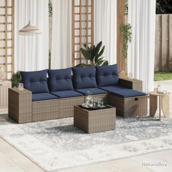 Salon de jardin 6 pcs avec coussins gris rsine tresse