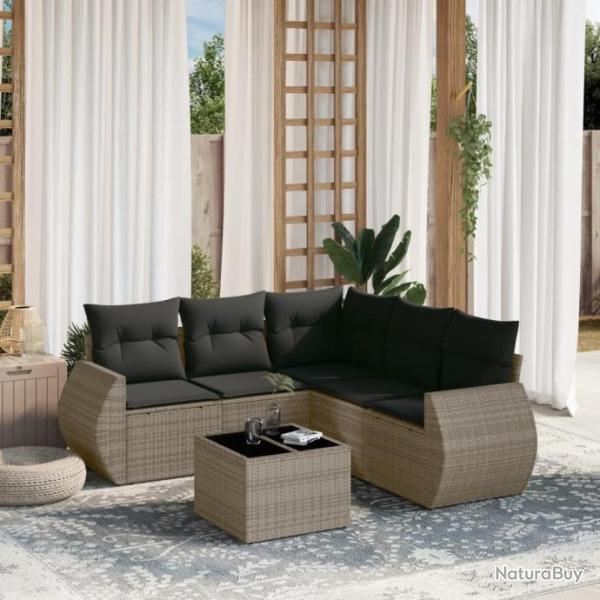 Salon de jardin 6 pcs avec coussins gris rsine tresse