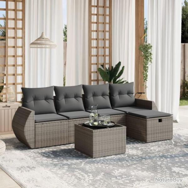 Salon de jardin 6 pcs avec coussins gris rsine tresse