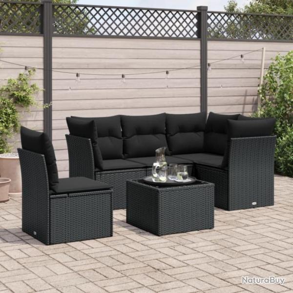 Salon de jardin 6 pcs avec coussins noir rsine tresse