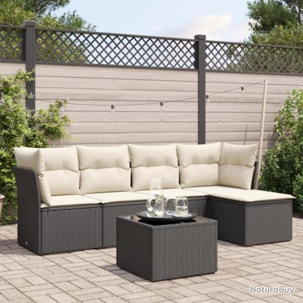 Salon de jardin 6 pcs avec coussins noir rsine tresse