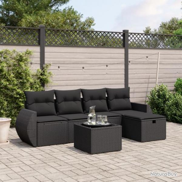 Salon de jardin 6 pcs avec coussins noir rsine tresse