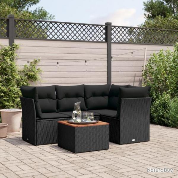 Salon de jardin 5 pcs avec coussins noir rsine tresse