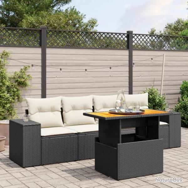 Salon de jardin 5 pcs avec coussins noir rsine tresse