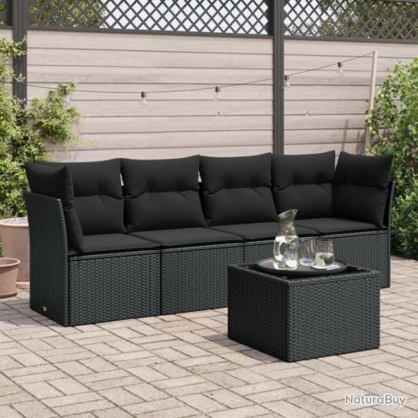 Salon de jardin 5 pcs avec coussins noir rsine tresse