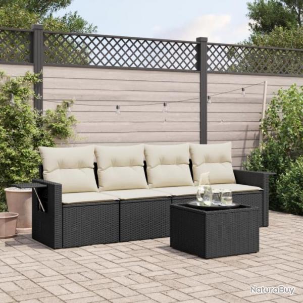 Salon de jardin 5 pcs avec coussins noir rsine tresse