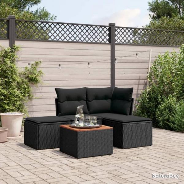 Salon de jardin 5 pcs avec coussins noir rsine tresse