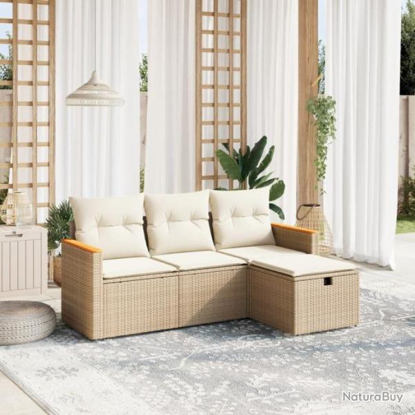 Salon de jardin avec coussins 4 pcs beige rsine tresse