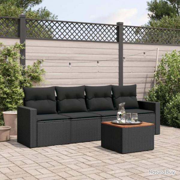 Salon de jardin 5 pcs avec coussins noir rsine tresse