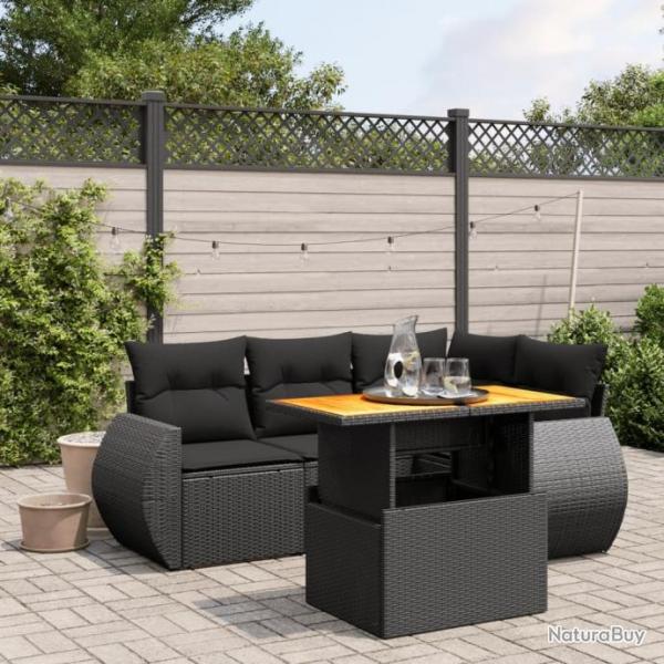 Salon de jardin 5 pcs avec coussins noir rsine tresse