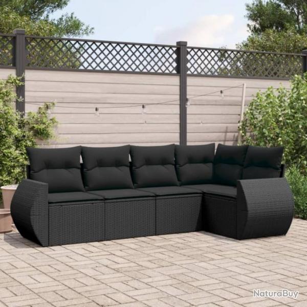 Salon de jardin 5 pcs avec coussins noir rsine tresse