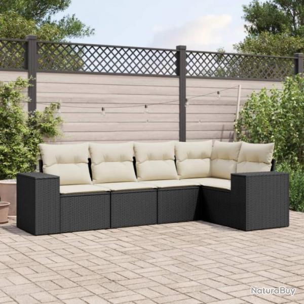 Salon de jardin 5 pcs avec coussins noir rsine tresse